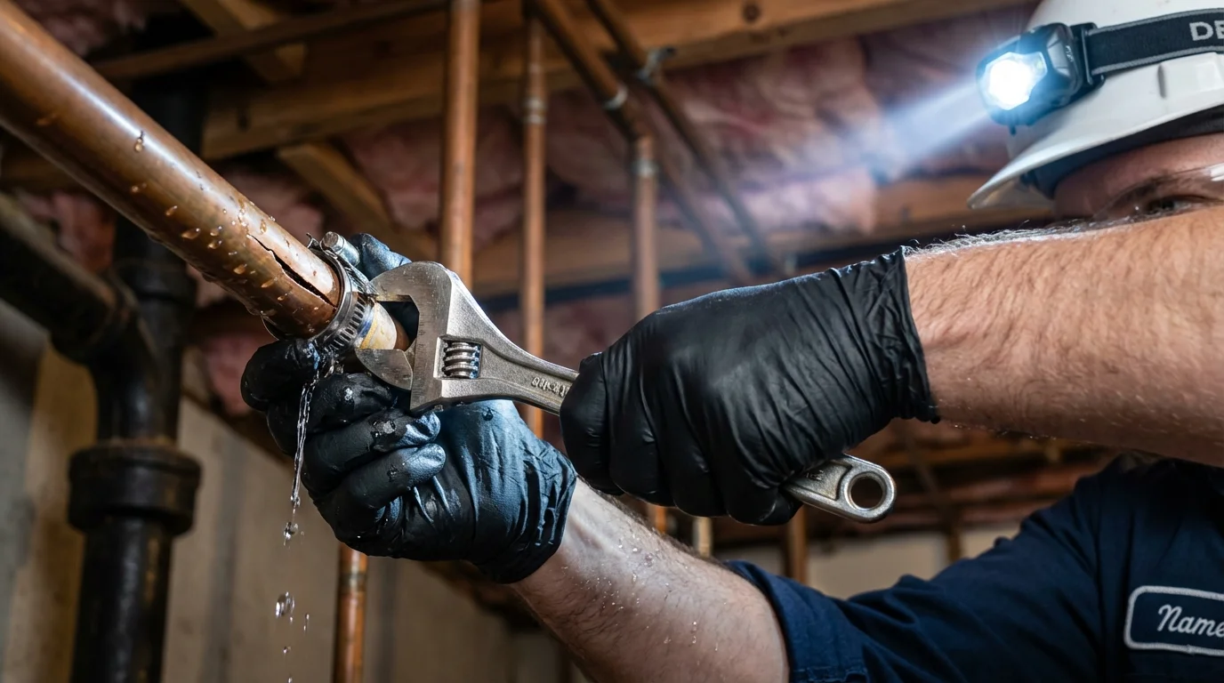 Emergency pipe clamp repair being performed by a Johns Plumbing LLC plumber in Captain Cook