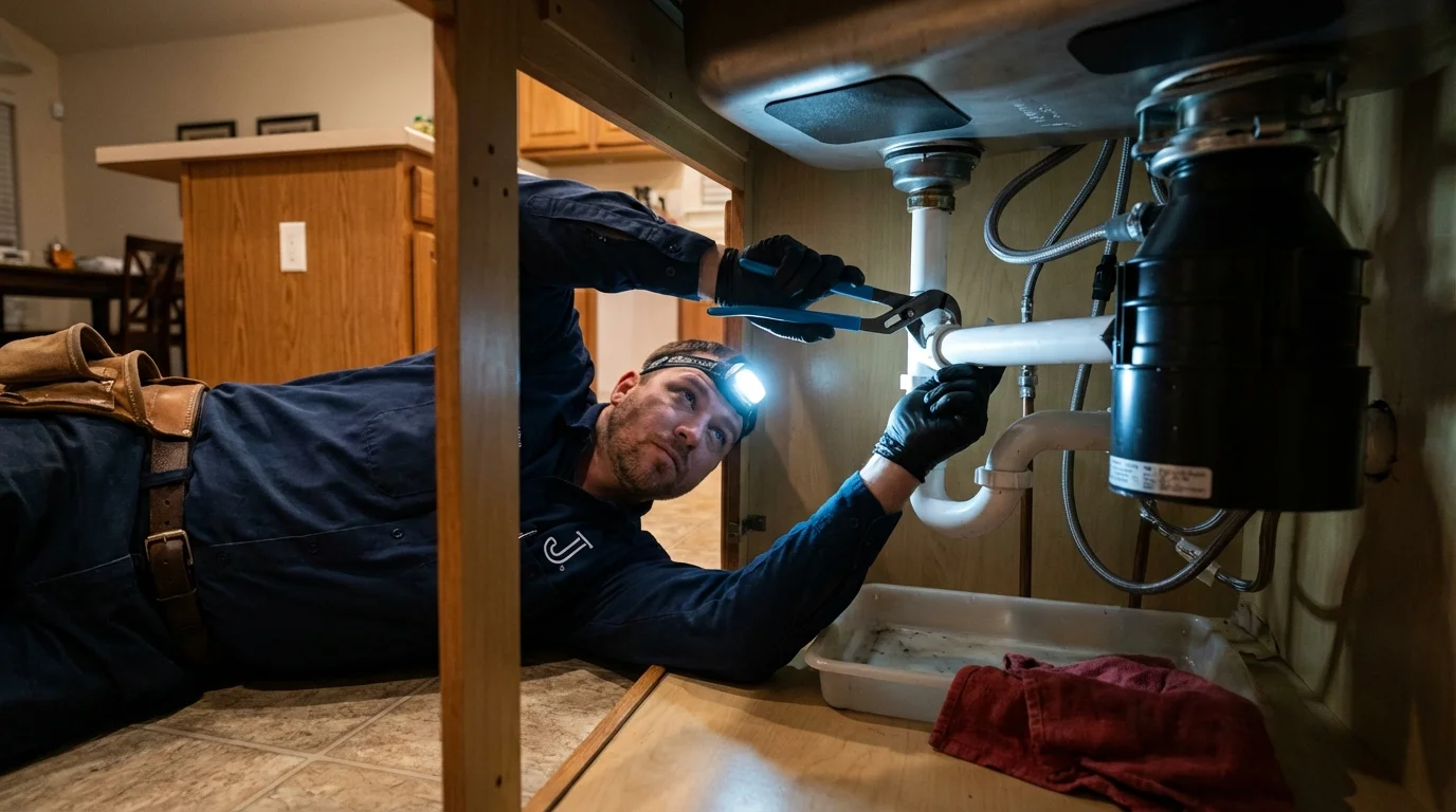 P-trap and supply line connections under a kitchen sink showing a common leak point in Captain Cook, HI